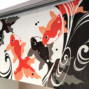 May include: A white fabric panel with a black and red Japanese-style design featuring stylized fish and waves. The text "海神" is written in black on the top left corner of the panel.