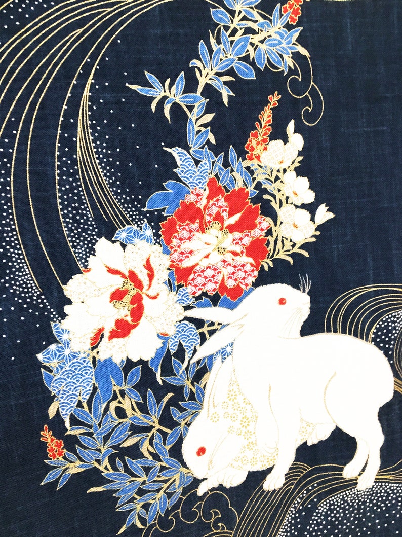 Japanese Bunny Panel Fabric Blue Rabbit Fabric Panel Wall - Etsy