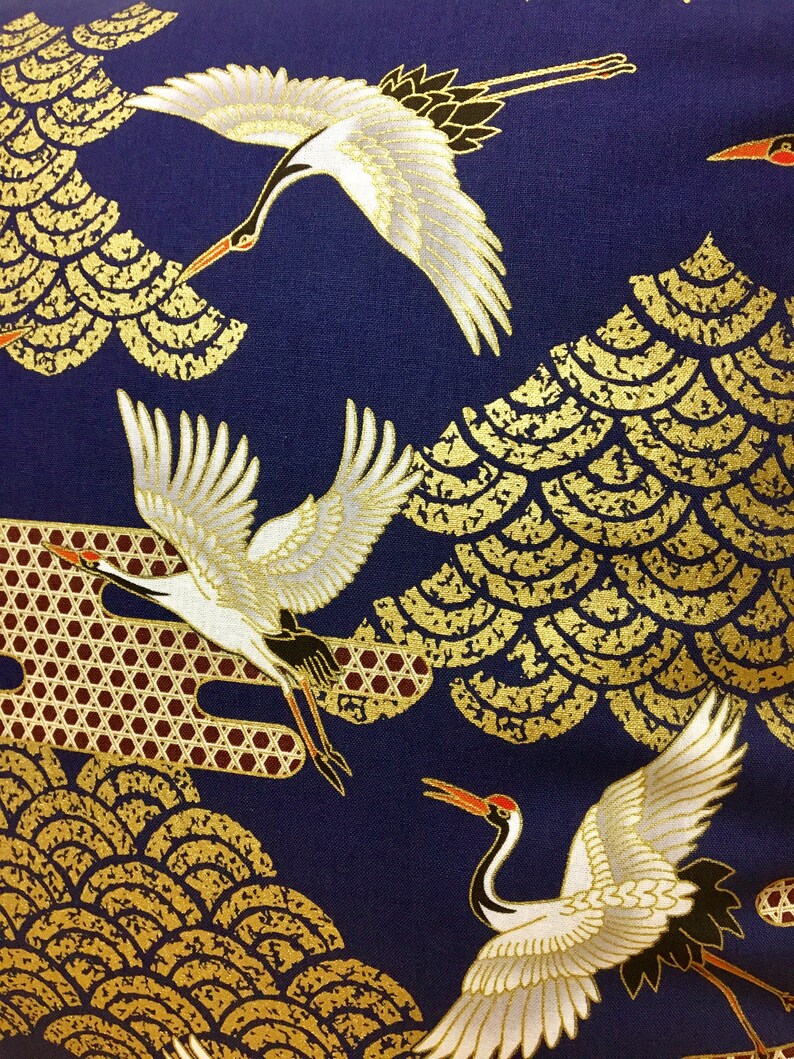 navy blue golden crane pillow case, 19 x 19 inches bedding pillow throw, Japanese golden fabric pillow cover, tsuru & waves pillow cushion image 8
