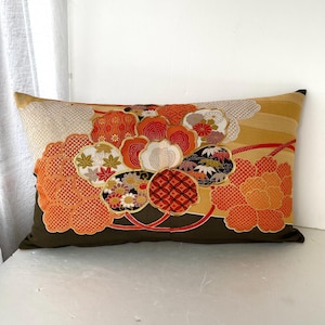 Golden floral vintage kimono silk pillow case, Japanese silk sofa bedding throw pillow, kimono cushion, black and gold décor pillow case