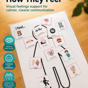 May include: A feelings support chart for children, featuring the text "Help Kids Express How They Feel." The chart displays illustrations of emotions such as "Tiger State," "Focused Eyes," and "Restless," promoting calmer communication and self-awareness.