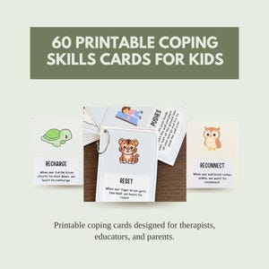 May include: A set of 60 printable coping skills cards for kids, featuring illustrations of a turtle, tiger, and owl. Each card includes text such as RECHARGE, RESET, and RECONNECT, with a metal ring binding the cards together for easy use.