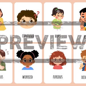 May include: A digital illustration featuring eight cartoon children expressing different emotions, labeled as shy, confused, hurt, bored, anxious, worried, furious, and disgusted, with a large, semi-transparent gray PREVIEW watermark across the center.