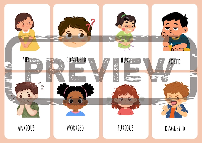 May include: A digital illustration featuring eight cartoon children expressing different emotions, labeled as shy, confused, hurt, bored, anxious, worried, furious, and disgusted, with a large, semi-transparent gray PREVIEW watermark across the center.