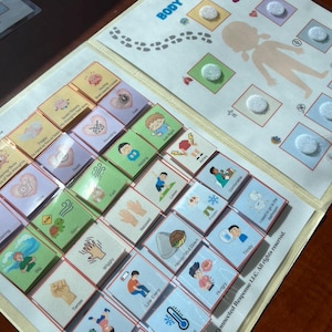 May include: A laminated educational chart titled BODY SCAN featuring a human silhouette with velcro attachment points and a grid of colorful square cards depicting various physical and emotional states with text labels like Fast, Slow, and Hungry.