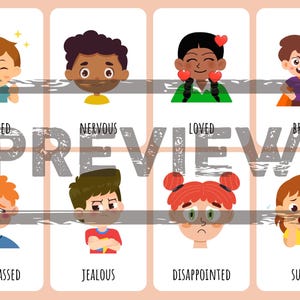 May include: A set of eight illustrated cards featuring cartoon characters expressing various emotions, including excited, nervous, loved, brave, embarrassed, jealous, disappointed, and surprised, with the word PREVIEW overlaid across the centre.