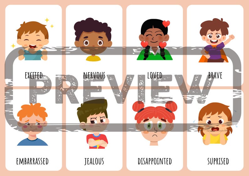 May include: A set of eight illustrated cards featuring cartoon characters expressing various emotions, including excited, nervous, loved, brave, embarrassed, jealous, disappointed, and surprised, with the word PREVIEW overlaid across the center.