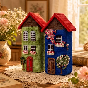 May include: Two tall, rectangular crochet house structures with red roofs. One house is light green with a red door and windows with pink flower boxes. The other is blue with a brown door, windows, and decorative pink and white floral vines.