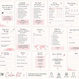 Könnte beinhalten: Ein Wellness- und Selbstpflege-Bundle für Flugbegleiter, mit einem rosa und weißen Design. Enthält druckbare Seiten für tägliche Erinnerungen, Dankbarkeitsprotokolle und Selbstpflege-Checklisten. Entworfen von einer echten Flugbegleiterin.