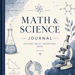 May include: A Math & Science Journal with a blue cover. The cover features illustrations of a flask, microscope, globe, and mathematical formulas. The text "MATH & SCIENCE JOURNAL" is prominently displayed.
