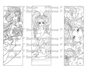 IMG051 Mermaid Bookmarks 3 To Color Your Own Way Fairy Digital Stamp Instant Download Digi Coloring Page