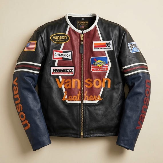 Vanson, Vanson Leather Racing Jacket, Black Red Navy Motorsport Biker Jacket, Vintage Moto Streetwear