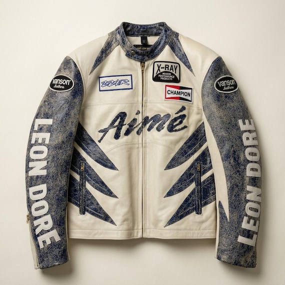 Vanson, Aimé Leon Dore Vanson Leather Racing Jacket, Cream Blue Distressed Moto Biker Jacket, Distressed Moto Biker Jacket