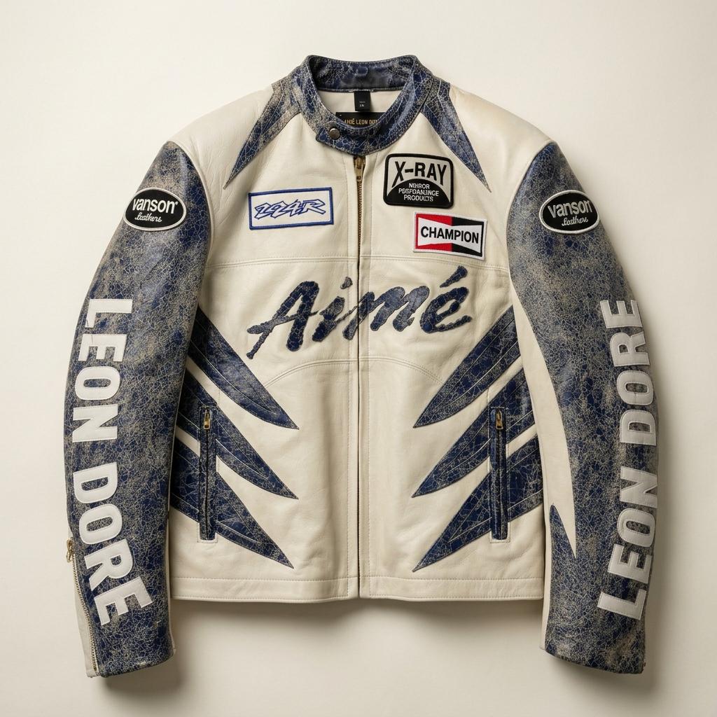 Vanson, Aimé Leon Dore Vanson Leather Racing Jacket, Cream Blue Distressed Moto Biker Jacket, Distressed Moto Biker Jacket