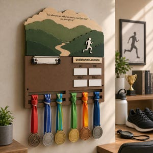 May include: A wooden wall-mounted medal display rack featuring a landscape scene with a runner, a metal clipboard, and the text "Run when you can, walk if you have to, crawl if you must, just never give up." It includes a name plate for "CHRISTOPHER JOHNSON" and slots for 5K, 10K, Half, and Full marathon times, with six colorful ribbons and medals hanging below.