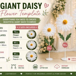 Könnte beinhalten: Eine digitale Vorlage zum Erstellen riesiger Gänseblümchen mit dem Text GIANT DAISY Flower Template. Das Bild zeigt drei weiße Gänseblümchen mit gelben Mitten auf Stielen, die mit den Größen 70cm, 80cm und 90cm beschriftet sind.