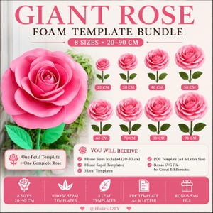Puede incluir: Un listado de producto digital para un paquete de plantillas de rosas gigantes de espuma. La imagen muestra una rosa grande de color rosa, ocho ilustraciones de rosas más pequeñas etiquetadas de 20 a 90 cm y texto sobre plantillas PDF y archivos SVG.