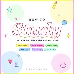 Puede incluir: Gráfico colorido con el texto "HOW TO Study" en una fuente caprichosa. La imagen incluye iconos como una estrella, un corazón y un lápiz, junto con las frases "Active Recall", "Spaced Repetition" y "Stoplight System".