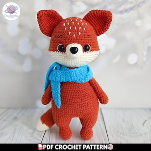 Cute Standing Clover Fox Amigurumi PDF Pattern, Woodland Stuffed Critter Crochet Tutorial, Fox with Blue Scarf Plush, DIY Baby Shower Gift