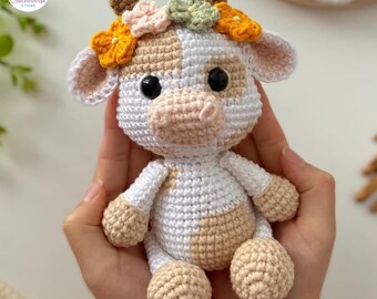 Tiny Flora Cow Easy Crochet Pattern, Amigurumi Beginner Friendly Tutorial, Spotted Calf with Flower Crown, Cottagecore Farm Animal Plushie