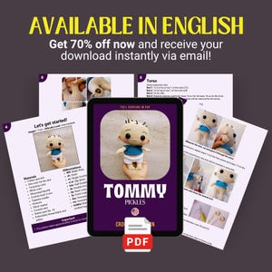 May include: A digital PDF crochet pattern for a Tommy Pickles doll, featuring instructional pages with text, step-by-step photos, and a materials list. The cover displays the character name, a photo of the finished crochet doll, and a PDF icon.