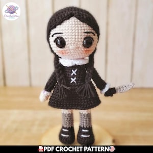 Merlina Addams Amigurumi Pattern, Gothic Doll Crochet Tutorial, Wednesday Goth Girl Plushie English Tutorial, Creepy Halloween Horror Toy