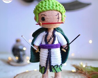 One Piece Roronoa Zoro Crochet Pattern, Pirate Swordsman Amigurumi, Chibi Anime Manga Fan Art Gift, Handmade Kawaii Action Figure Plush DIY
