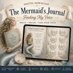 Op de afbeelding: Een digitale download van The Mermaid's Journal: Finding My Voice, met een zeemeerminillustratie, een journaalindex met acht genummerde secties en tekst waaronder Write, Dream, Find Your Voice en Mermaid Journey Index.