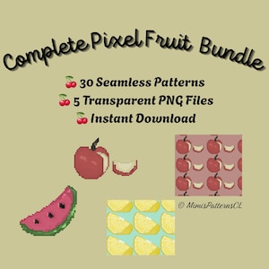 Puede incluir: Un conjunto gráfico digital titulado Complete Pixel Fruit Bundle que incluye 30 patrones sin costuras y 5 archivos PNG transparentes. La imagen muestra arte de píxeles de una manzana roja, una rodaja de sandía y dos muestras de patrones.