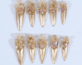 Gold Foil Press On Nails, Long Stiletto Luxury False Nails, Handmade Glass Texture Nails for Festival, Vacation, Party Looks