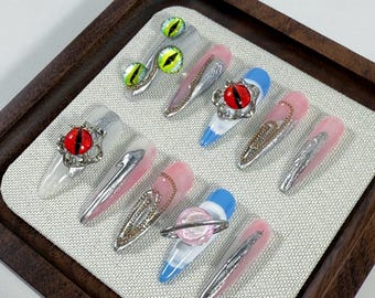 Pink Blue Alien Eye Press On Nails, Long Stiletto False Nails, Silver Chrome Drip Metallic Detail, Gothic Y2K Gift for Her