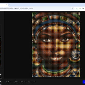 Puede incluir: Una interfaz digital titulada Dot Art Studio que muestra el retrato de una persona renderizado en una cuadrícula de puntos de colores. El retrato presenta a una persona con un tocado y joyas de colores vibrantes en tonos azul, dorado y verde.