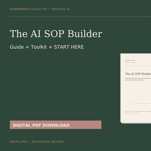 Op de afbeelding: Een donkergroen digitaal document getiteld The AI SOP Builder met de ondertitel Guide + Toolkit + START HERE. Een kleinere witte documentpagina wordt aan de rechterkant weergegeven met dezelfde titel en een grafiek van een tijdlijn.