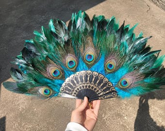Handmade Peacock Feather Fan Blue Green Cosplay Dance Stage Photo Prop Handheld Fan Peacock Eye Fan Bridal Performance
