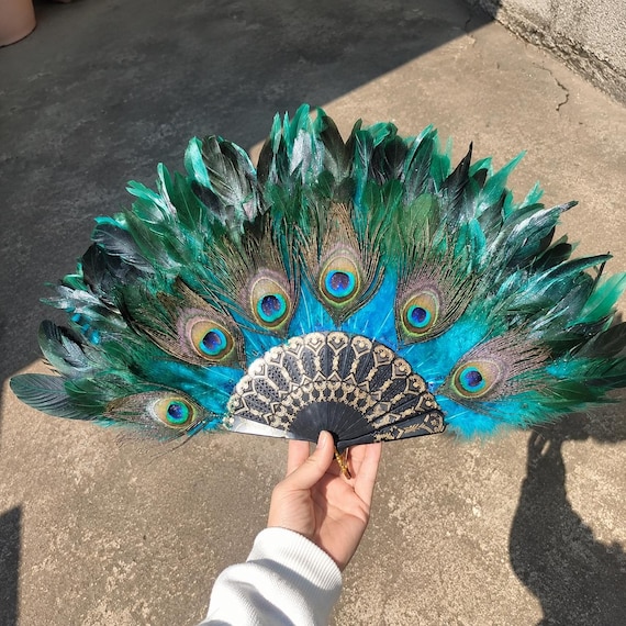 Handmade Peacock Feather Fan Blue Green Cosplay Dance Stage Photo Prop Handheld Fan Peacock Eye Fan Bridal Performance