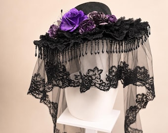 Handmade Gothic Widow Hat Black Lace Veil Hat Victorian Mourning Hat Floral Gothic Headpiece Witch Hat Halloween Wedding