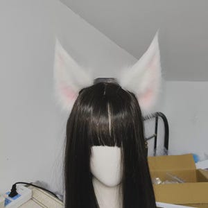 Handmade Electric Moving Animal Ears Headband, White Faux Fur Wolf Cat Ears with Touch & Motion Sensor, Detachable Custom Cosplay Ears