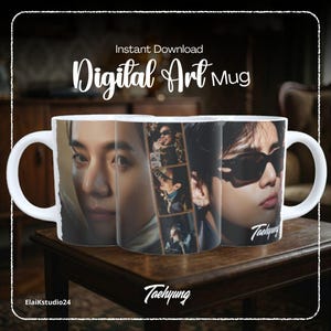 May include: A white ceramic mug featuring a photographic print of a person with dark hair. The design includes a large close-up portrait, a vertical film strip of three smaller images, and the text "Taehyung" in a white script font.
