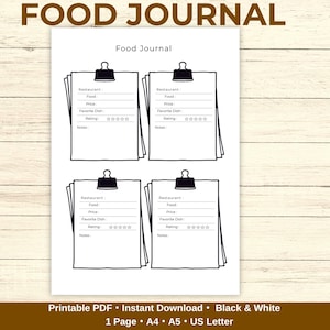 May include: A printable food journal page featuring four identical sections, each designed as a notepad held by a black clip. Each section includes lines for restaurant, food, price, favorite dish, notes, and a five-star rating system for tracking meals.