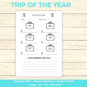 以下が含まれることがあります： Trip of the Yearというタイトルの白い印刷可能なドキュメント。スーツケースとトロフィーの黒い線画が描かれています。レイアウトには、年、合計旅行数、旅行の思い出や目標を記入するための6つのラベル付きスーツケースアイコンが含まれています。