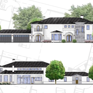 May include: Architectural rendering of a two-story house showing front and rear elevations. The exterior features white walls, dark gray shingled roofs, stone accents, and multiple windows. Green trees are positioned around the structure.