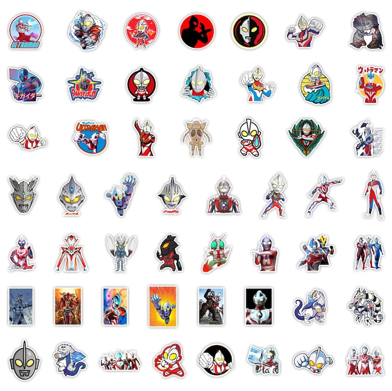 Puede incluir: Una colecci&oacute;n de numerosos adhesivos troquelados con varios personajes de Ultraman en diversas poses, colores y estilos. Las pegatinas incluyen dise&ntilde;os circulares, rectangulares y personalizados que muestran figuras de h&eacute;roes en rojo, plata y azul.