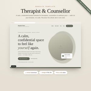 Therapist & Counsellor Website Template, Calm No-Code Editable HTML Site for Wellness Practices