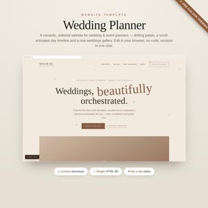 Può includere: Un modello di sito web per wedding planner intitolato Wren & Ivy, caratterizzato da una tavolozza di colori beige con testo marrone scuro. Il layout include una sezione principale con il testo Weddings, beautifully orchestrated, link e pulsanti.