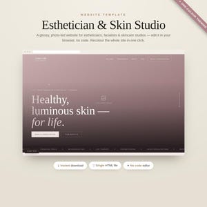 Peut inclure: Un modèle de site web pour esthéticienne et studio de soins de la peau avec un fond dégradé mauve. La mise en page affiche le texte "Esthetician & Skin Studio" et "Healthy, luminous skin — for life." avec des menus et des boutons.