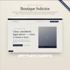 Peut inclure: Un modèle de site web intitulé Boutique Solicitor avec une palette de couleurs neutres. La mise en page présente une page d'accueil pour cabinet d'avocats avec une barre de navigation, une section hero avec le texte Clear, considered legal advice.
