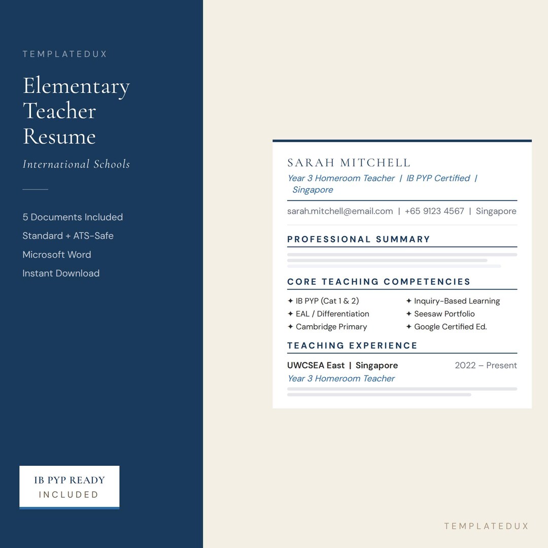 Elementary Teacher Resume Template | IB Pyp CV | EAL Classroom Prompts ...