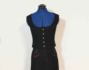 Costume deux pièces traditionnel en loden noir, costume traditionnel avec broderie, jupe longue et gilet