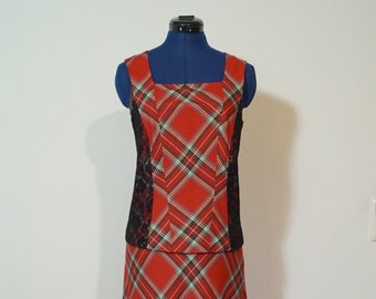 Dirndl two piece dress, red check pattern, plaided dress with lace, checked bodice and skirt