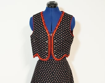 Dirndl two piece dress, bell skirt and bolero vest, black with red embellishment